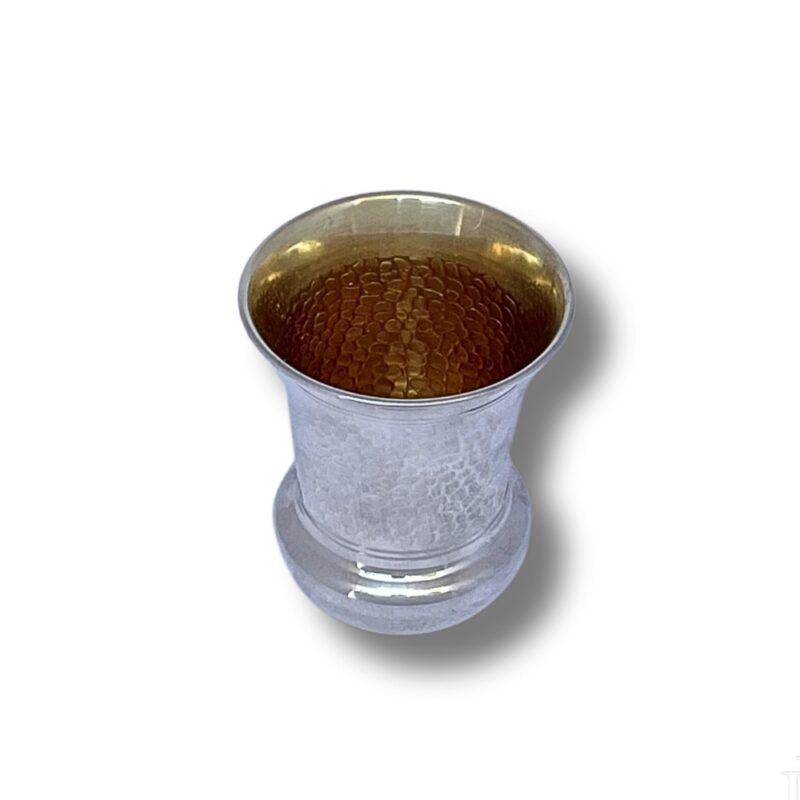Top-down close-up of the Silver Kiddush Cup, showing the detailed 14K gold-plated interior and hammered texture inside.