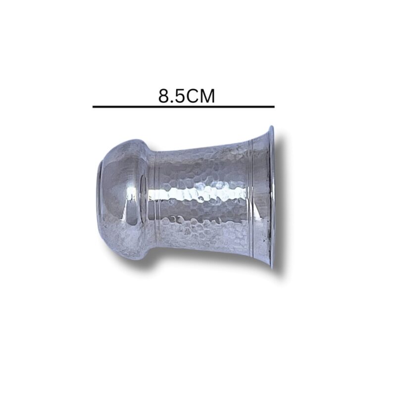 Side view of the 925 Sterling Silver Kiddush Cup with a hammered finish, showing a clear measurement of 8.5 cm in width.