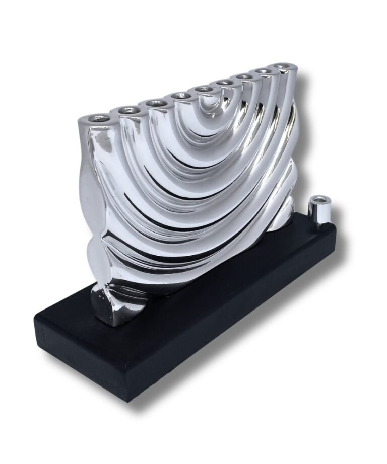 Sterling Silver Hanukkah Menorah with wax-cast curves on dark wood base