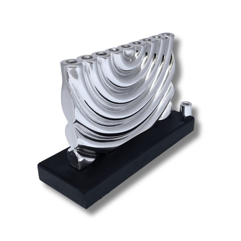 Sterling Silver Hanukkah Menorah with wax-cast curves on dark wood base
