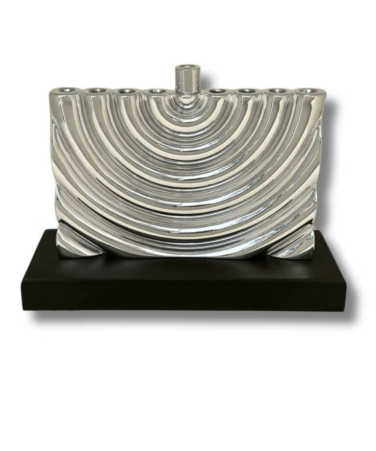Sterling Silver Hanukkah Menorah front-facing on a black wooden platform