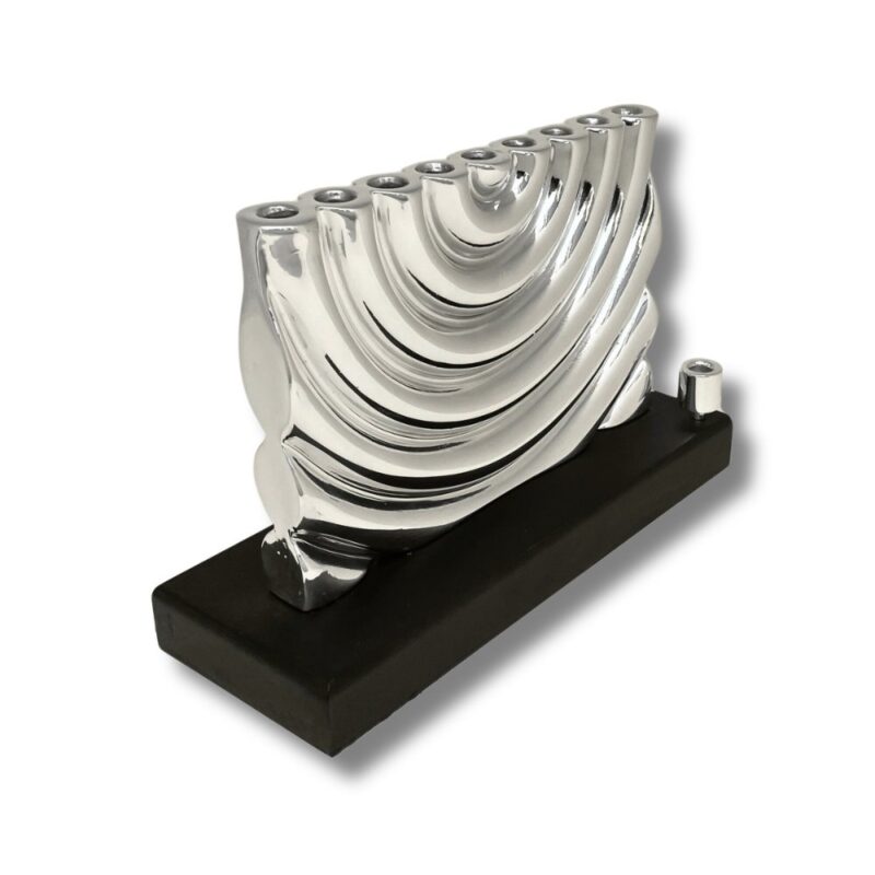 Sterling Silver Hanukkah Menorah with wax-cast curves on dark wood base