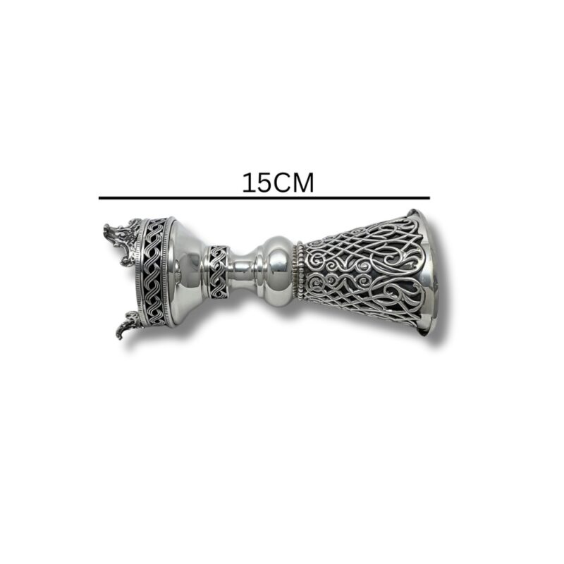 Full side view of the 925 Sterling Silver Havdalah Candle Holder placed flat, showing its total length of 15cm with intricate filigree cone and ornate crown-shaped base