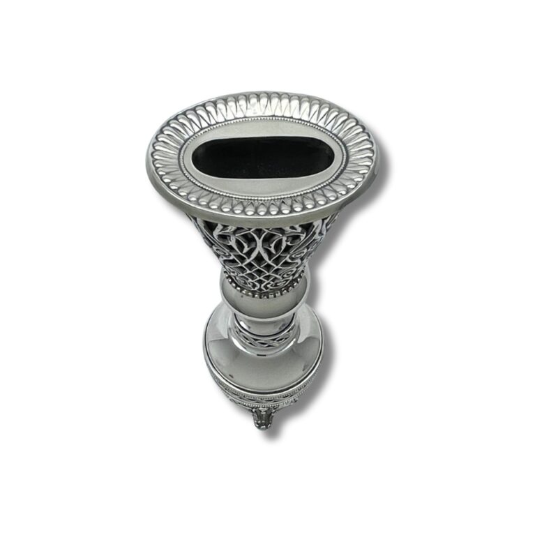 Angled side view of the 925 Sterling Silver Havdalah Candle Holder, showing the transition from the smooth silver section to the engraved filigree cone