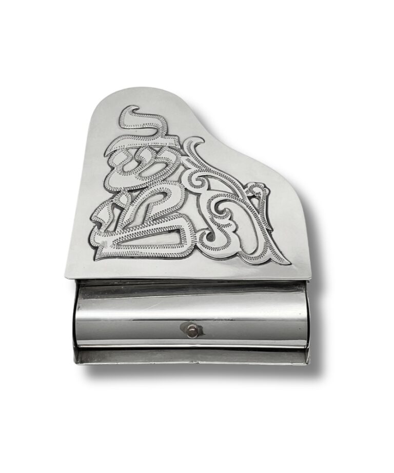 925 Sterling Silver Spice Box viewed from above, shaped like a grand piano with intricate silverwork