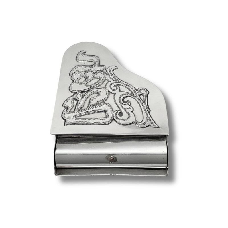 925 Sterling Silver Spice Box viewed from above, shaped like a grand piano with intricate silverwork