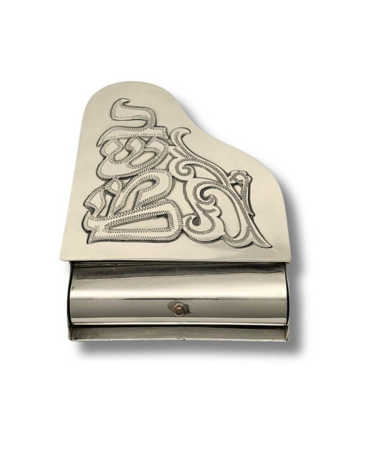 925 Sterling Silver Spice Box viewed from above, shaped like a grand piano with intricate silverwork