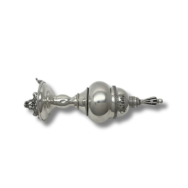 Angled perspective of 925 Sterling Silver Besamim Box, showing rounded body, engraved text, and filigree accents