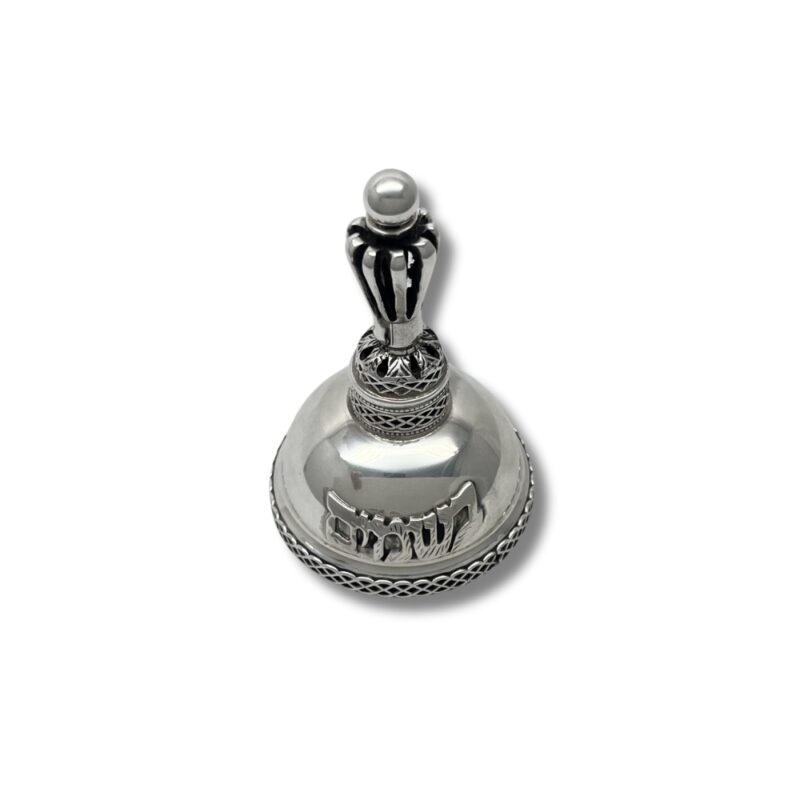Besamim Box in close-up, focusing on the top handle design with crown-shaped tip and fine etchings