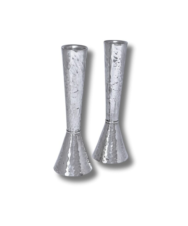 Elegant pair of 925 Sterling Silver tall hammered candlesticks – modern Judaica style