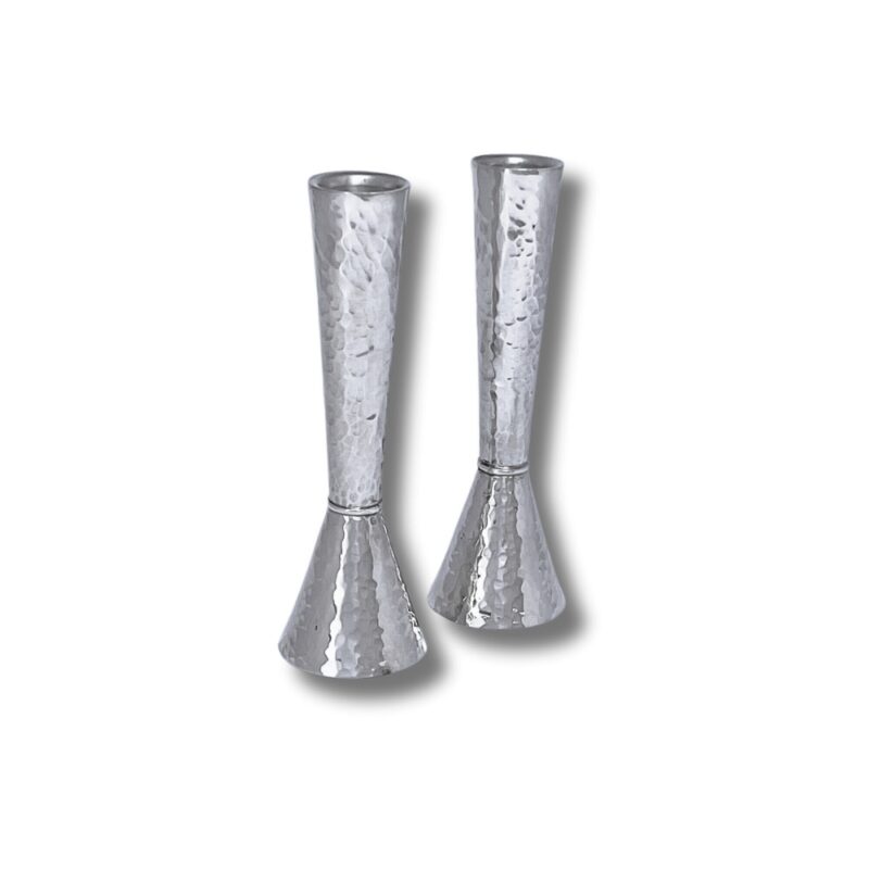 Elegant pair of 925 Sterling Silver tall hammered candlesticks – modern Judaica style