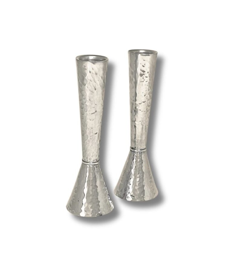 Elegant pair of 925 Sterling Silver tall hammered candlesticks – modern Judaica style