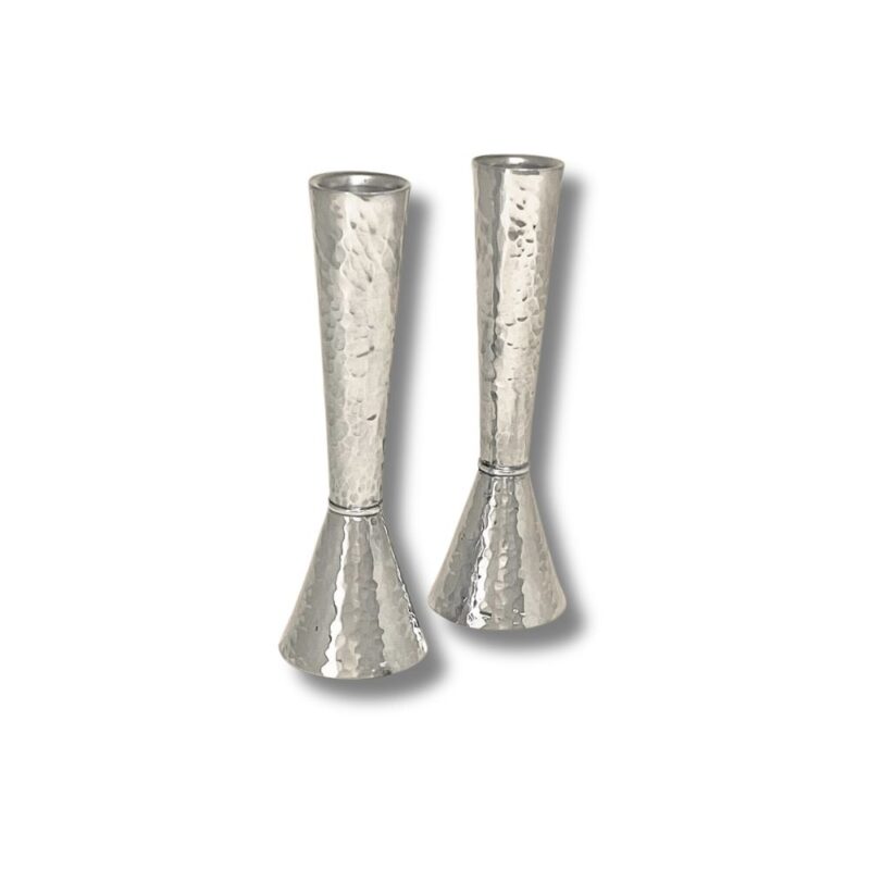 Elegant pair of 925 Sterling Silver tall hammered candlesticks – modern Judaica style