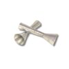 Angled view of silver hammered Shabbat candle holders crossed over each other