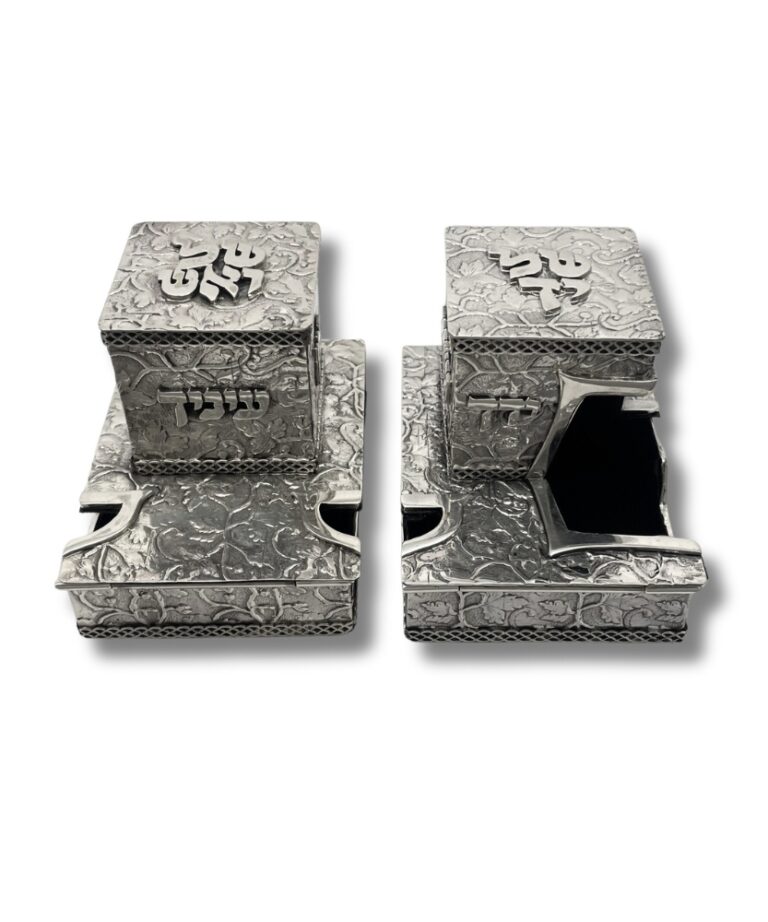 Full set of tefillin boxes – Shel Yad and Shel Rosh, floral design and Hebrew lettering