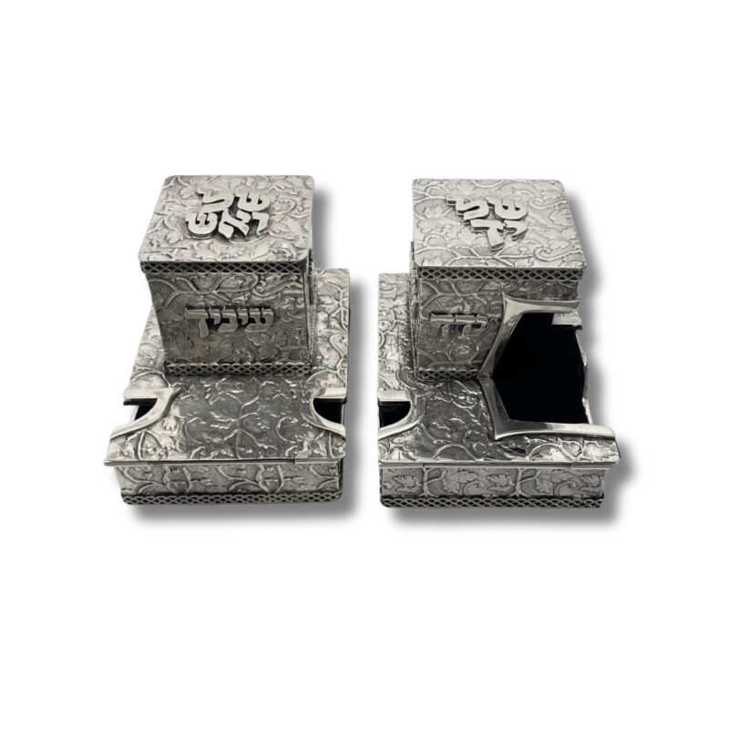 Full set of tefillin boxes – Shel Yad and Shel Rosh, floral design and Hebrew lettering