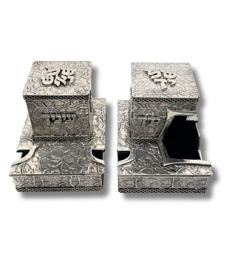 Full set of tefillin boxes – Shel Yad and Shel Rosh, floral design and Hebrew lettering