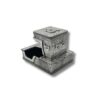 Top-down angle of silver tefillin box with bold “יד” engraving and ornate surface
