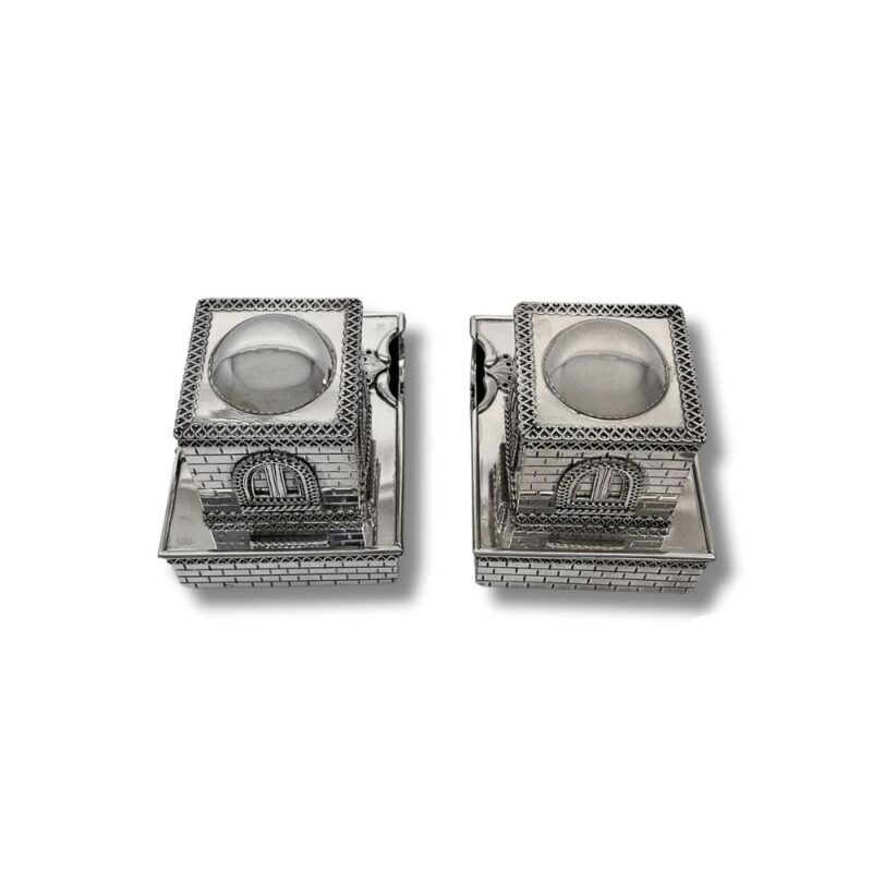 Top view of matching sterling silver tefillin boxes with domed design