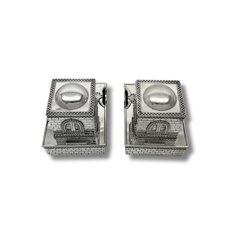 Top view of matching sterling silver tefillin boxes with domed design
