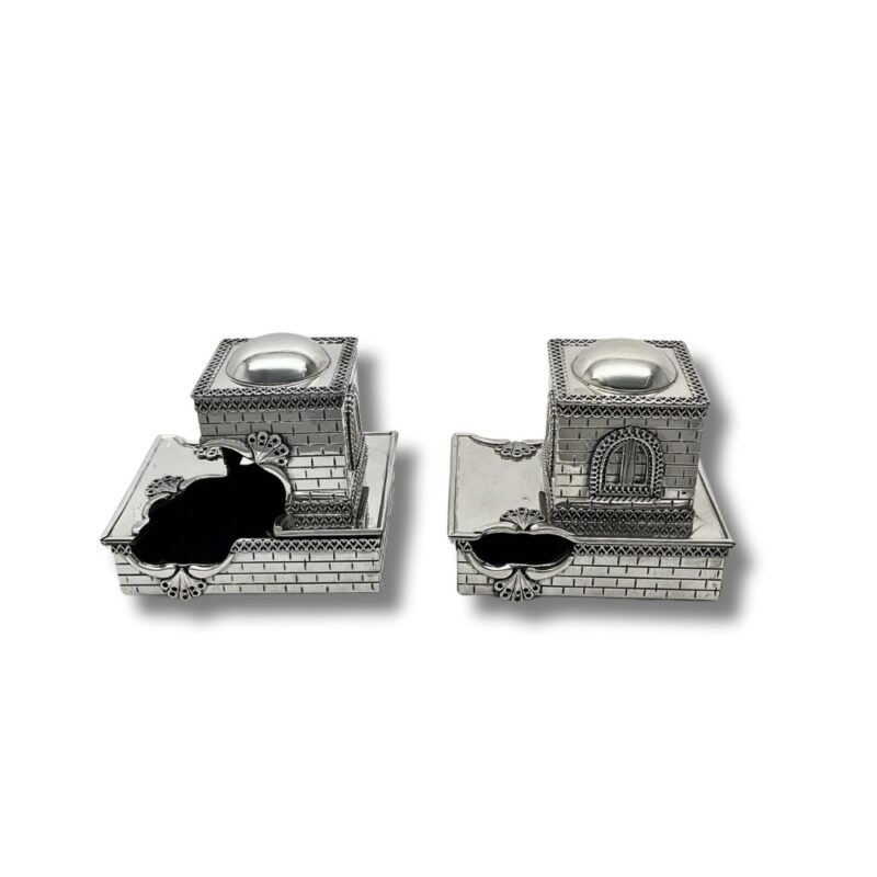 silver tefillin boxes with home design, handcrafted with detailed brick and window motifs