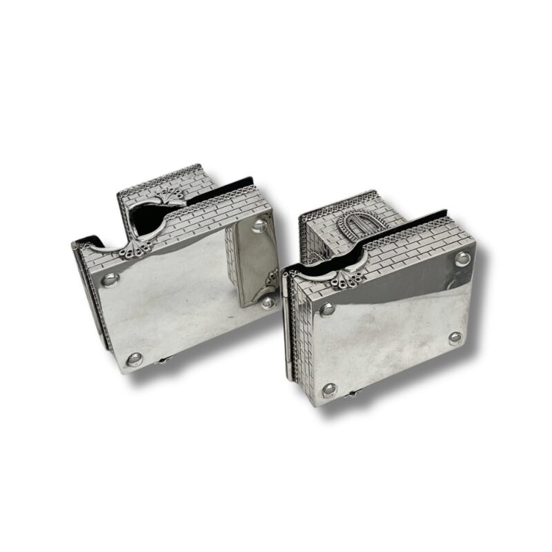 Back view of tefillin boxes displaying smooth sterling base and attachment screws