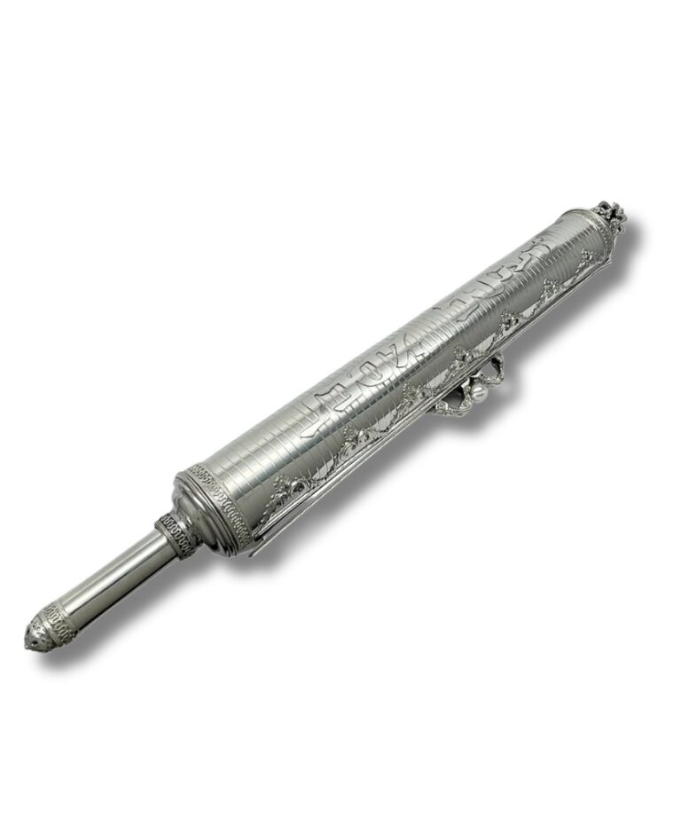 Full Purim scroll case in silver with extended handle and handcrafted details