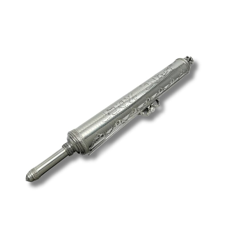 Full Purim scroll case in silver with extended handle and handcrafted details