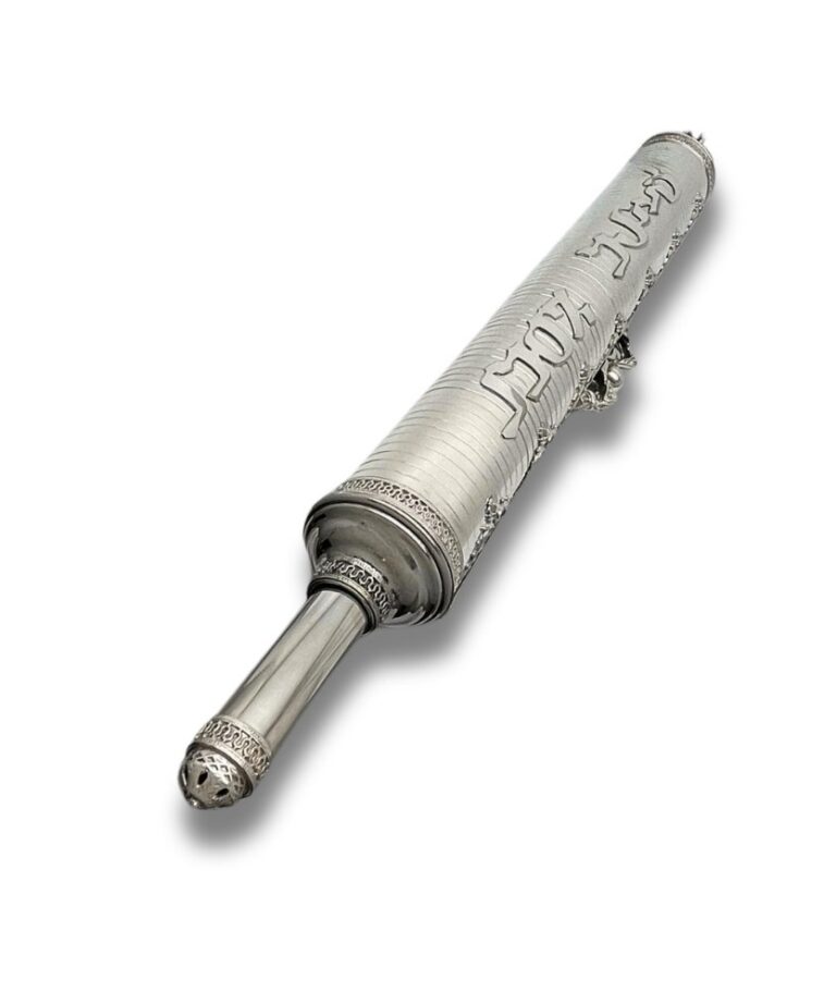 Sterling Silver Megillat Esther Holder with Hebrew engraving and detailed silver finish