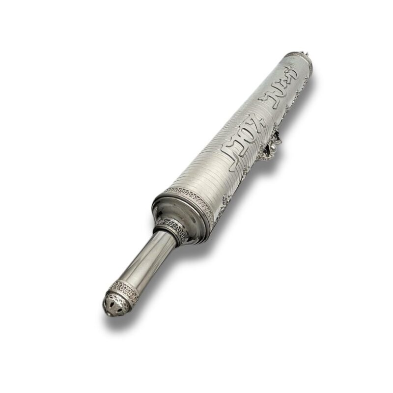 Sterling Silver Megillat Esther Holder with Hebrew engraving and detailed silver finish