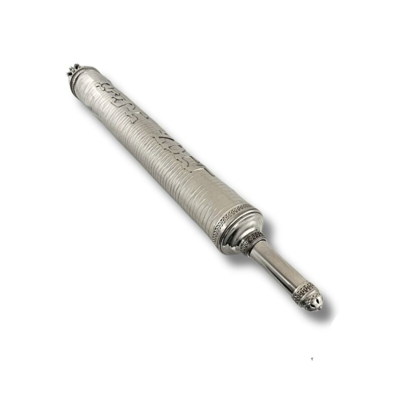 Full Purim scroll case in silver with extended handle and handcrafted details