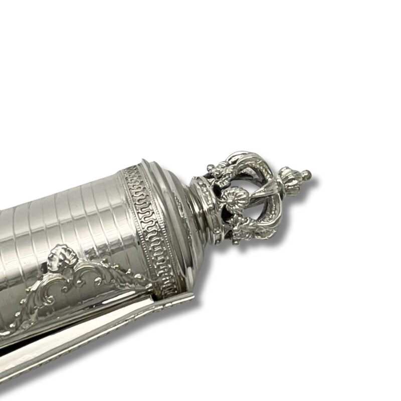 Crown-shaped top of handcrafted Megillah holder with ornate design
