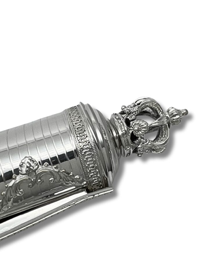 Crown-shaped top of handcrafted Megillah holder with ornate design