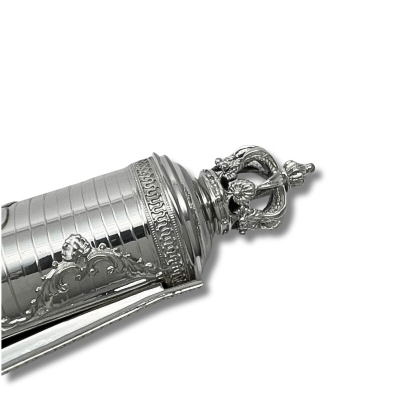 Crown-shaped top of handcrafted Megillah holder with ornate design