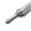 Rotating handle of a large silver scroll case for Megillat Esther