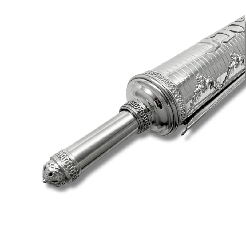 Rotating handle of a large silver scroll case for Megillat Esther