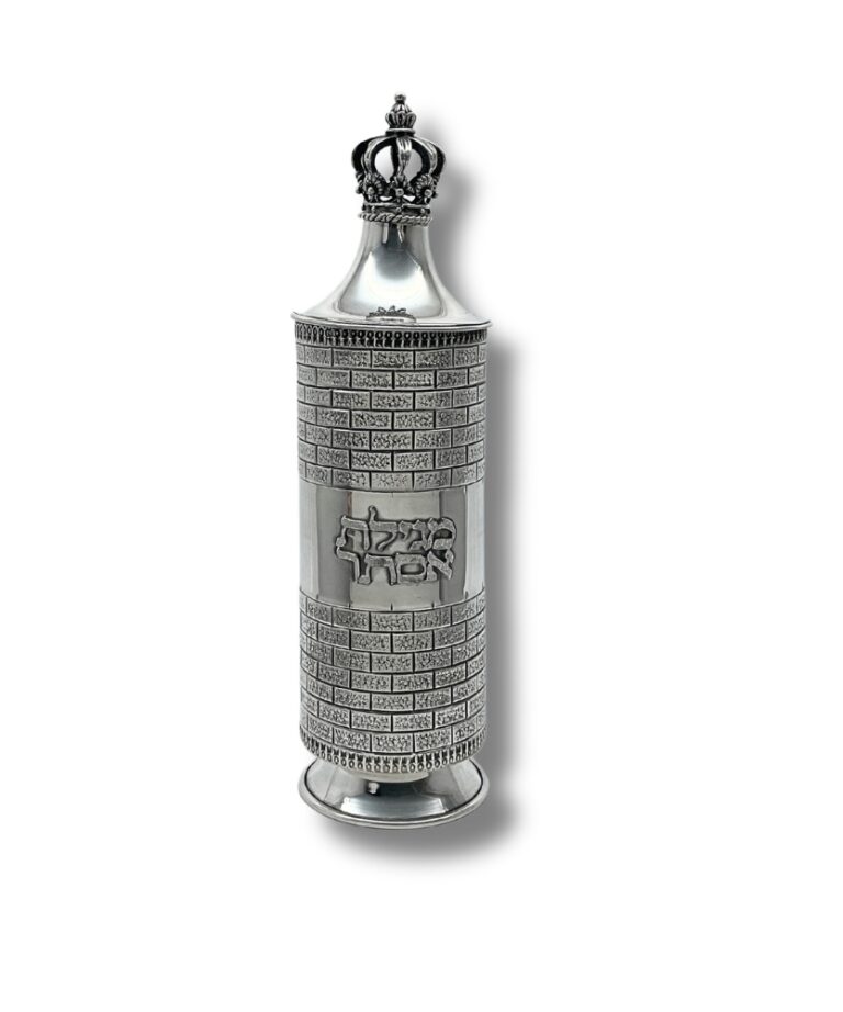Front view of Silver Large Megillat Esther Case standing upright with crown top and Hebrew letters
