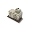 Detailed view of a silver charity box with arched windows and a rounded lid