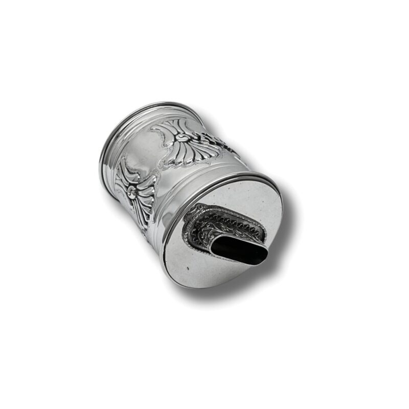 Round 925 Sterling Silver Tzedakah Box with elegant floral design and polished finish.
