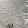 Detailed view of all six engraved Passover food labels on the silver Seder plate
