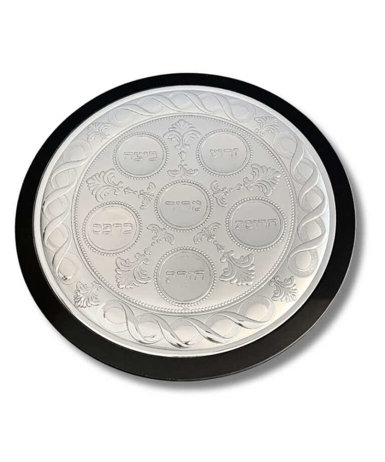 Top-down view of the 925 Silver Passover Seder Plate with full Hebrew engravings and black border