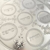 Detailed view of all six engraved Passover food labels on the silver Seder plate