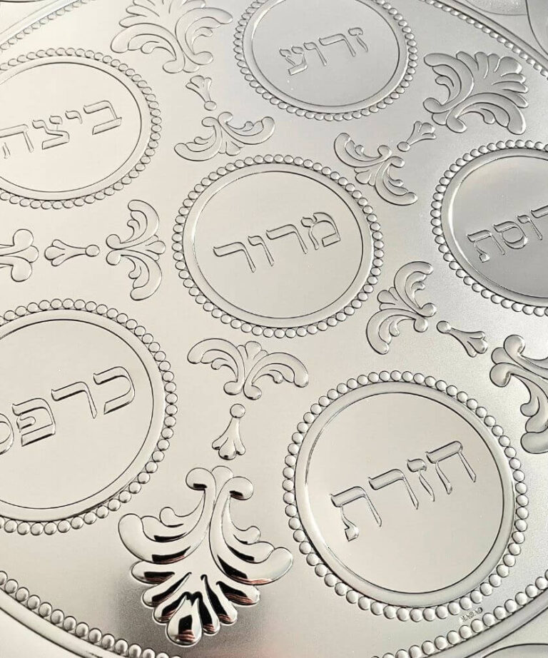 Detailed view of all six engraved Passover food labels on the silver Seder plate