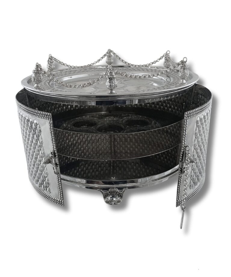 Silver Seder plate box with open doors and internal matzah compartments