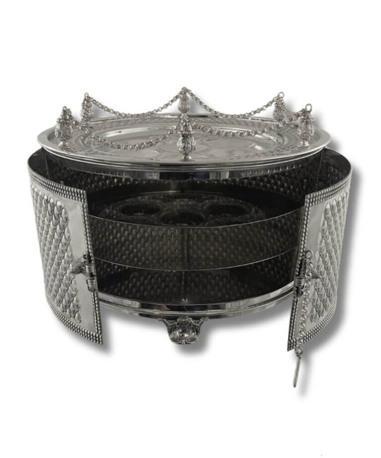 Silver Seder plate box with open doors and internal matzah compartments