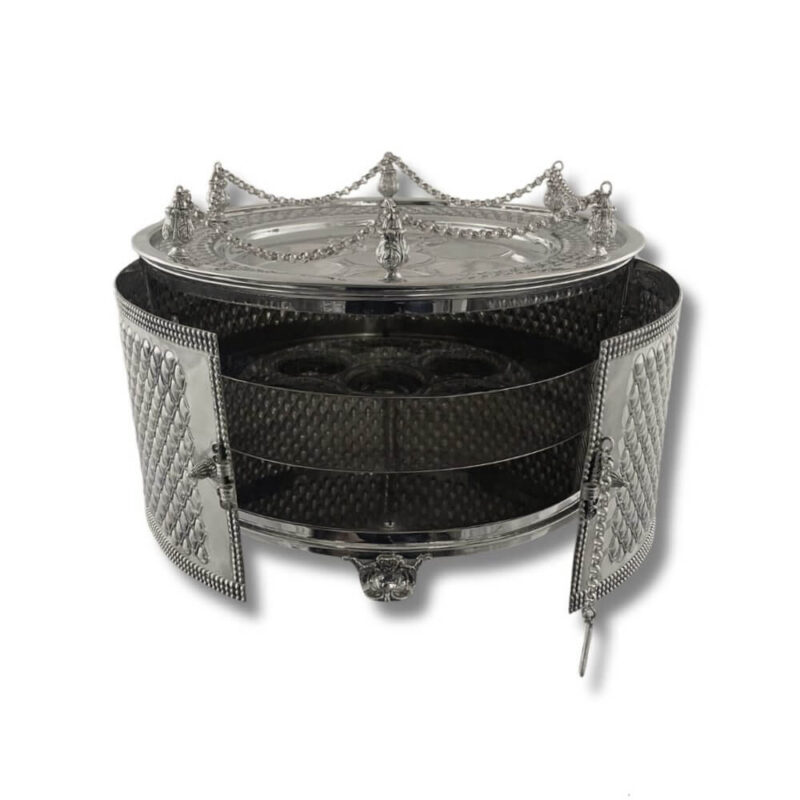 Silver Seder plate box with open doors and internal matzah compartments