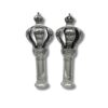 Angled view of 925 sterling silver Torah finials showing floral crowns with open sections and polished stems