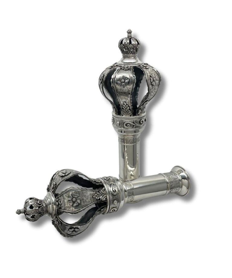 Front and side view of 925 Sterling Silver Torah finials, with refined floral crown elements and wide base