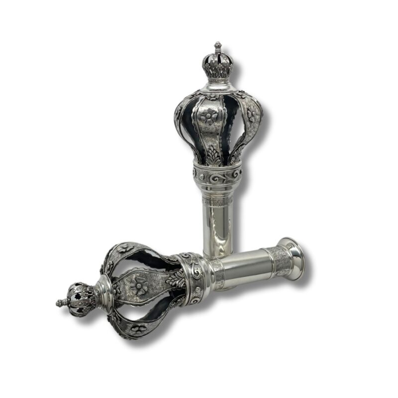 Front and side view of 925 Sterling Silver Torah finials, with refined floral crown elements and wide base