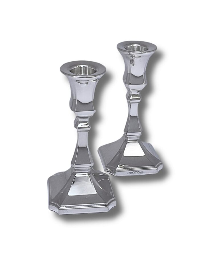 Close-up of 925 Sterling Silver Modern Candlestick, focusing on the smooth polished surface and faceted column design